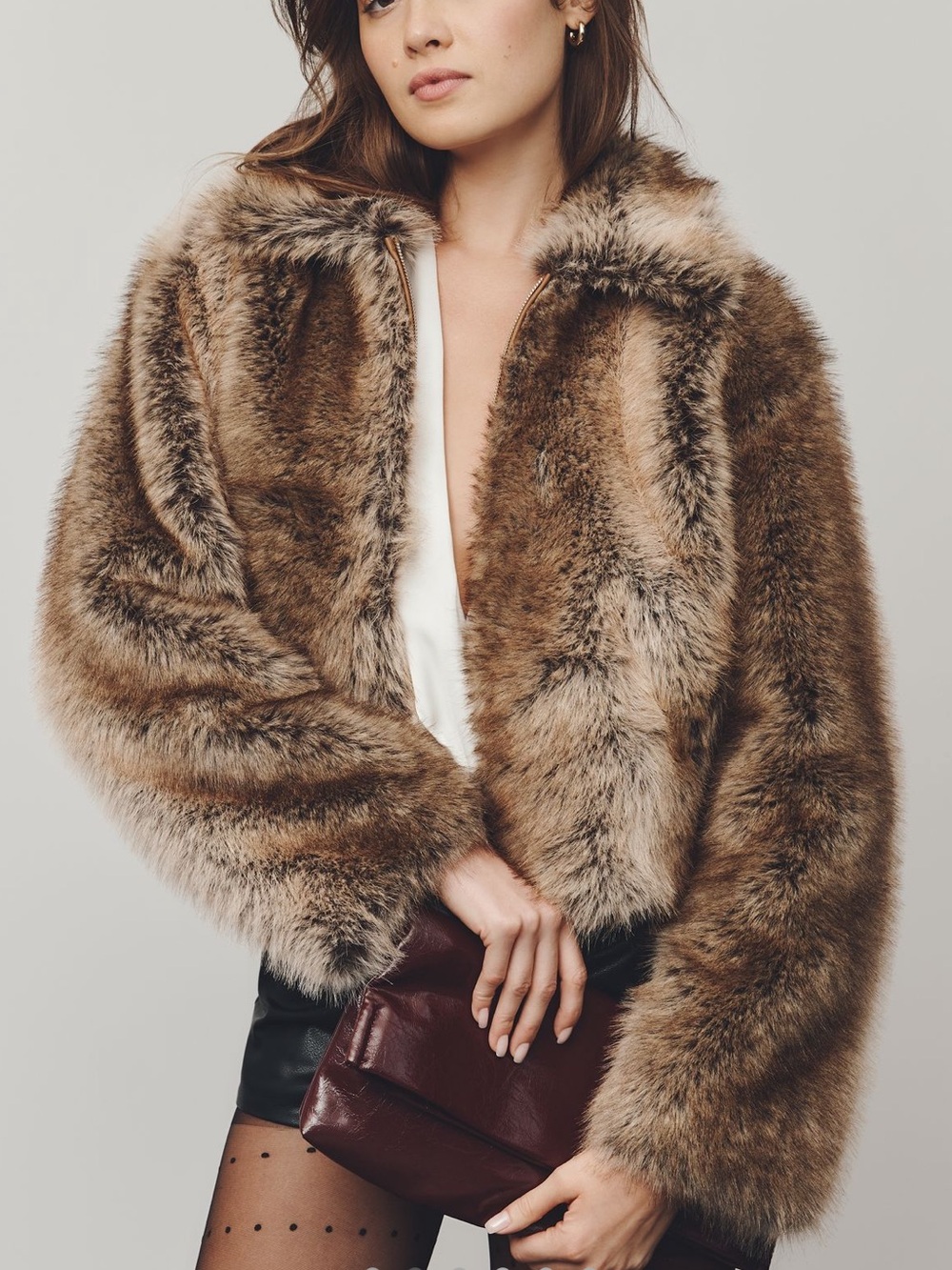 Anthropologie Faux Fur Cropped Jacket Maeve Rae Collared New Large Brown Mink